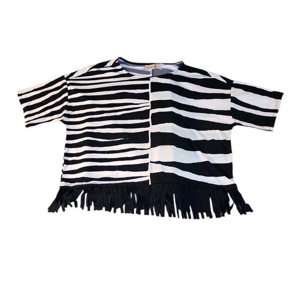Chico's Women's Sz 1 US M/8 Fringe White Blue Striped Blouse Top - Picture 1 of 7
